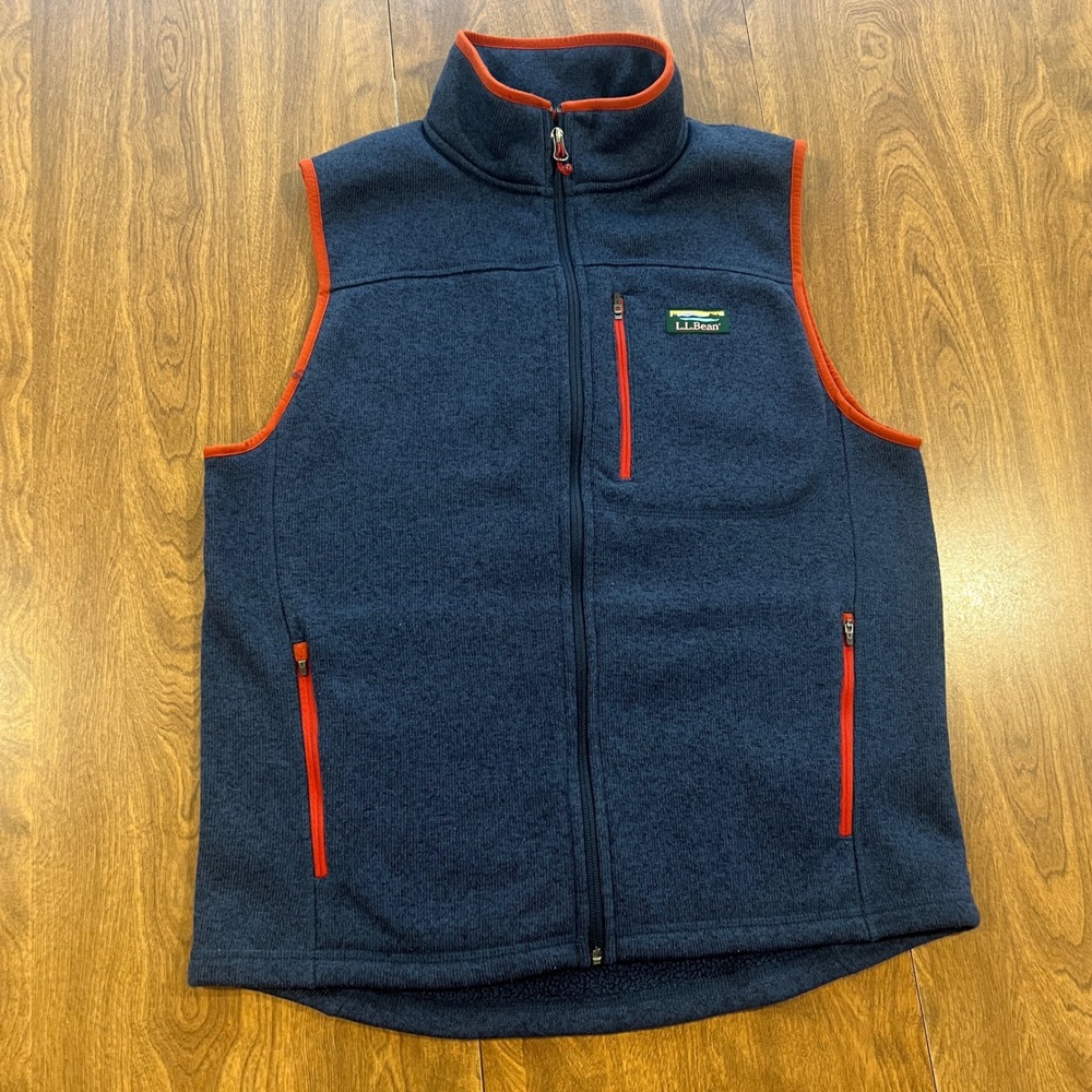 LL Bean Mens Sweater Fleece Vest Navy Blue Orange Trim Full Zip M Reg
